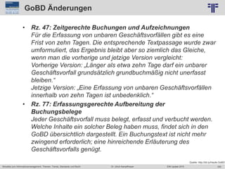 255
© PROJECT CONSULT Unternehmensberatung Dr. Ulrich Kampffmeyer GmbH 2011 / Autorenrecht: <Vorname Nachname> Jun-15 / Quelle: PROJECT CONSULT 2
Aktuelles zum Informationsmanagement: Themen, Trends, Standards und Recht EIM Update 2015Dr. Ulrich Kampffmeyer
GoBD Änderungen
• Rz. 47: Zeitgerechte Buchungen und Aufzeichnungen
Für die Erfassung von unbaren Geschäftsvorfällen gibt es eine
Frist von zehn Tagen. Die entsprechende Textpassage wurde zwar
umformuliert, das Ergebnis bleibt aber so ziemlich das Gleiche,
wenn man die vorherige und jetzige Version vergleicht:
Vorherige Version: „Länger als etwa zehn Tage darf ein unbarer
Geschäftsvorfall grundsätzlich grundbuchmäßig nicht unerfasst
bleiben.“
Jetzige Version: „Eine Erfassung von unbaren Geschäftsvorfällen
innerhalb von zehn Tagen ist unbedenklich.“
• Rz. 77: Erfassungsgerechte Aufbereitung der
Buchungsbelege
Jeder Geschäftsvorfall muss belegt, erfasst und verbucht werden.
Welche Inhalte ein solcher Beleg haben muss, findet sich in den
GoBD übersichtlich dargestellt. Ein Buchungstext ist nicht mehr
zwingend erforderlich; eine hinreichende Erläuterung des
Geschäftsvorfalls genügt.
Quelle: http://bit.ly/Haufe-GoBD
 