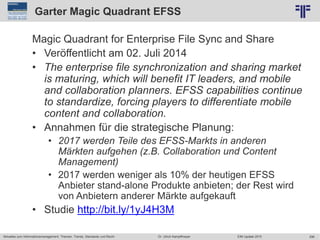 296
© PROJECT CONSULT Unternehmensberatung Dr. Ulrich Kampffmeyer GmbH 2011 / Autorenrecht: <Vorname Nachname> Jun-15 / Quelle: PROJECT CONSULT 2
Aktuelles zum Informationsmanagement: Themen, Trends, Standards und Recht EIM Update 2015Dr. Ulrich Kampffmeyer
Garter Magic Quadrant EFSS
Magic Quadrant for Enterprise File Sync and Share
• Veröffentlicht am 02. Juli 2014
• The enterprise file synchronization and sharing market
is maturing, which will benefit IT leaders, and mobile
and collaboration planners. EFSS capabilities continue
to standardize, forcing players to differentiate mobile
content and collaboration.
• Annahmen für die strategische Planung:
• 2017 werden Teile des EFSS-Markts in anderen
Märkten aufgehen (z.B. Collaboration und Content
Management)
• 2017 werden weniger als 10% der heutigen EFSS
Anbieter stand-alone Produkte anbieten; der Rest wird
von Anbietern anderer Märkte aufgekauft
• Studie http://bit.ly/1yJ4H3M
 