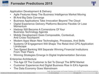 315
© PROJECT CONSULT Unternehmensberatung Dr. Ulrich Kampffmeyer GmbH 2011 / Autorenrecht: <Vorname Nachname> Jun-15 / Quelle: PROJECT CONSULT 2
Aktuelles zum Informationsmanagement: Themen, Trends, Standards und Recht EIM Update 2015Dr. Ulrich Kampffmeyer
Forrester Predictions 2015
Application Development & Delivery
• Agile Features Keep The Business Intelligence Market Moving
• BI And Big Data Converge
• Business Applications Take Innovation Beyond The Cloud
• Digital Experience Delivery Platforms Become Flexible Or Lose
Momentum
• Hadoop Will Become A Cornerstone Of Your
Business Technology Agenda
• Mobile Development Goes Composable, Contextual,
And Cross-Touchpoint
• Modern Apps Mean New Technologies, Processes, And Skills
• Systems Of Engagement Will Shape The Retail And CPG Application
Landscape
• Two-Speed Banking Will Separate Winning Financial Institutions
From Their Peers
• Winning Strategies Emerge In Digital Implementation Services
Enterprise Architecture
• The Age Of The Customer Is Set To Disrupt The BPM Market
• Customer Experience And Digital Business Rise In EA's Agenda
• The Data Economy Goes Mainstream
Quelle: http://www.forrester.com/Forrester-Predictions-2015/-/E-MPL161?intcmp=mkt:ban:ah:predictions
 