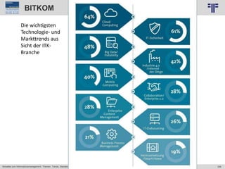 338
© PROJECT CONSULT Unternehmensberatung Dr. Ulrich Kampffmeyer GmbH 2011 / Autorenrecht: <Vorname Nachname> Jun-15 / Quelle: PROJECT CONSULT 2
Aktuelles zum Informationsmanagement: Themen, Trends, Standards und Recht EIM Update 2015Dr. Ulrich Kampffmeyer
BITKOM
Die wichtigsten
Technologie- und
Markttrends aus
Sicht der ITK-
Branche
 