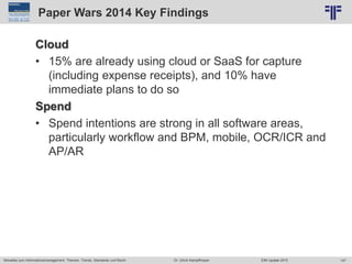 147
© PROJECT CONSULT Unternehmensberatung Dr. Ulrich Kampffmeyer GmbH 2011 / Autorenrecht: <Vorname Nachname> Jun-15 / Quelle: PROJECT CONSULT 2
Aktuelles zum Informationsmanagement: Themen, Trends, Standards und Recht EIM Update 2015Dr. Ulrich Kampffmeyer
Paper Wars 2014 Key Findings
Cloud
• 15% are already using cloud or SaaS for capture
(including expense receipts), and 10% have
immediate plans to do so
Spend
• Spend intentions are strong in all software areas,
particularly workflow and BPM, mobile, OCR/ICR and
AP/AR
 