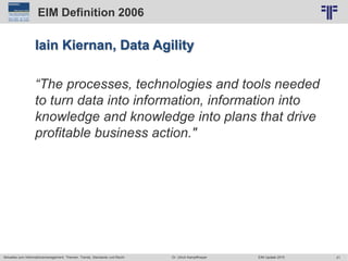 21
© PROJECT CONSULT Unternehmensberatung Dr. Ulrich Kampffmeyer GmbH 2011 / Autorenrecht: <Vorname Nachname> Jun-15 / Quelle: PROJECT CONSULT 2
Aktuelles zum Informationsmanagement: Themen, Trends, Standards und Recht EIM Update 2015Dr. Ulrich Kampffmeyer
EIM Definition 2006
Iain Kiernan, Data Agility
“The processes, technologies and tools needed
to turn data into information, information into
knowledge and knowledge into plans that drive
profitable business action."
 