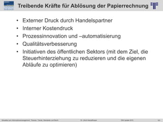 181
© PROJECT CONSULT Unternehmensberatung Dr. Ulrich Kampffmeyer GmbH 2011 / Autorenrecht: <Vorname Nachname> Jun-15 / Quelle: PROJECT CONSULT 2
Aktuelles zum Informationsmanagement: Themen, Trends, Standards und Recht EIM Update 2015Dr. Ulrich Kampffmeyer
Treibende Kräfte für Ablösung der Papierrechnung
• Externer Druck durch Handelspartner
• Interner Kostendruck
• Prozessinnovation und –automatisierung
• Qualitätsverbesserung
• Initiativen des öffentlichen Sektors (mit dem Ziel, die
Steuerhinterziehung zu reduzieren und die eigenen
Abläufe zu optimieren)
 