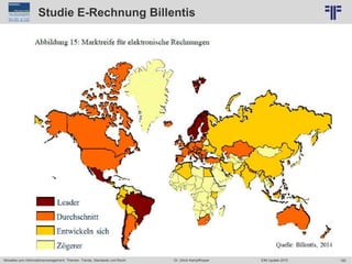 182
© PROJECT CONSULT Unternehmensberatung Dr. Ulrich Kampffmeyer GmbH 2011 / Autorenrecht: <Vorname Nachname> Jun-15 / Quelle: PROJECT CONSULT 6
Aktuelles zum Informationsmanagement: Themen, Trends, Standards und Recht Dr. Ulrich Kampffmeyer EIM Update 2015
Studie E-Rechnung Billentis
 