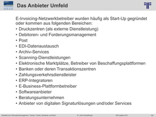 183
© PROJECT CONSULT Unternehmensberatung Dr. Ulrich Kampffmeyer GmbH 2011 / Autorenrecht: <Vorname Nachname> Jun-15 / Quelle: PROJECT CONSULT 2
Aktuelles zum Informationsmanagement: Themen, Trends, Standards und Recht EIM Update 2015Dr. Ulrich Kampffmeyer
Das Anbieter Umfeld
E-Invoicing-Netzwerkbetreiber wurden häufig als Start-Up gegründet
oder kommen aus folgenden Bereichen:
• Druckzentren (als externe Dienstleistung)
• Debitoren- und Forderungsmanagement
• Post
• EDI-Datenaustausch
• Archiv-Services
• Scanning-Dienstleistungen
• Elektronische Marktplätze, Betreiber von Beschaffungsplattformen
• Banken oder deren Transaktionszentren
• Zahlungsverkehrsdienstleister
• ERP-Integratoren
• E-Business-Plattformbetreiber
• Softwareanbieter
• Beratungsunternehmen
• Anbieter von digitalen Signaturlösungen und/oder Services
 