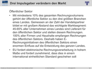 192
© PROJECT CONSULT Unternehmensberatung Dr. Ulrich Kampffmeyer GmbH 2011 / Autorenrecht: <Vorname Nachname> Jun-15 / Quelle: PROJECT CONSULT 2
Aktuelles zum Informationsmanagement: Themen, Trends, Standards und Recht EIM Update 2015Dr. Ulrich Kampffmeyer
Drei Impulsgeber verändern den Markt
Öffentlicher Sektor
• Mit mindestens 10% des gesamten Rechnungsvolumens
gehört der öffentliche Sektor zu den drei größten Branchen
eines Landes. Gemessen an der Zahl der Handelspartner
bildet er mit großem Abstand das wichtigste Marktsegment:
45-65% aller Unternehmen eines Landes sind Lieferant für
den öffentlichen Sektor und stellen diesem Rechnungen.
100% aller Firmen und Haushalte empfangen Rechnungen
des öffentlichen Sektors. Deshalb haben E-
Rechnungsinitiativen des öffentlichen Sektors einen
enormen Einfluss auf die Entwicklung des ganzen Landes.
• EU fordert elektronische Rechnungsverarbeitung in hohem
Maße und fordert zunehmend, dass dies in einem
international einheitlichen Standard geschehen soll
 