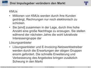 193
© PROJECT CONSULT Unternehmensberatung Dr. Ulrich Kampffmeyer GmbH 2011 / Autorenrecht: <Vorname Nachname> Jun-15 / Quelle: PROJECT CONSULT 2
Aktuelles zum Informationsmanagement: Themen, Trends, Standards und Recht EIM Update 2015Dr. Ulrich Kampffmeyer
Drei Impulsgeber verändern den Markt
KMUs
• Millionen von KMUs werden durch ihre Kunden
gedrängt, Rechnungen nur noch elektronisch zu
schicken.
• Sie [sind] zusammen in der Lage, durch ihre hohe
Anzahl eine große Nachfrage zu erzeugen. Sie stellen
während der nächsten Jahre die wohl lukrativste
Interessengruppe dar
Lösungsanbieter
• Lösungsanbieter und E-Invoicing-Netzwerkbetreiber
werden durch die Erwartungen der obigen Gruppen
enorm gefordert. Die schnelle Erweiterung und
Verbesserung des Angebotes bringen zusätzlich
Schwung in den Markt
 