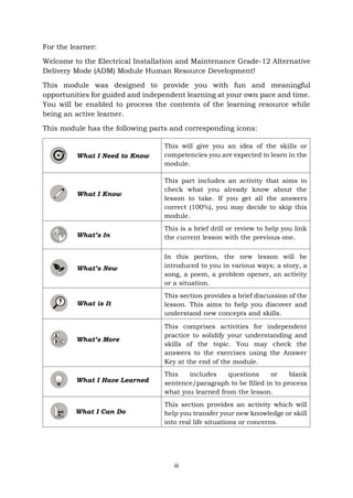 iii
For the learner:
Welcome to the Electrical Installation and Maintenance Grade-12 Alternative
Delivery Mode (ADM) Module Human Resource Development!
This module was designed to provide you with fun and meaningful
opportunities for guided and independent learning at your own pace and time.
You will be enabled to process the contents of the learning resource while
being an active learner.
This module has the following parts and corresponding icons:
What I Need to Know
This will give you an idea of the skills or
competencies you are expected to learn in the
module.
What I Know
This part includes an activity that aims to
check what you already know about the
lesson to take. If you get all the answers
correct (100%), you may decide to skip this
module.
What’s In
This is a brief drill or review to help you link
the current lesson with the previous one.
What’s New
In this portion, the new lesson will be
introduced to you in various ways; a story, a
song, a poem, a problem opener, an activity
or a situation.
What is It
This section provides a brief discussion of the
lesson. This aims to help you discover and
understand new concepts and skills.
What’s More
This comprises activities for independent
practice to solidify your understanding and
skills of the topic. You may check the
answers to the exercises using the Answer
Key at the end of the module.
What I Have Learned
This includes questions or blank
sentence/paragraph to be filled in to process
what you learned from the lesson.
What I Can Do
This section provides an activity which will
help you transfer your new knowledge or skill
into real life situations or concerns.
 