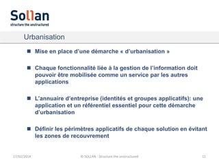 Urbanisation
 Mise en place d’une démarche « d’urbanisation »
 Chaque fonctionnalité liée à la gestion de l’information doit
pouvoir être mobilisée comme un service par les autres
applications
 L’annuaire d’entreprise (identités et groupes applicatifs): une
application et un référentiel essentiel pour cette démarche
d’urbanisation
 Définir les périmètres applicatifs de chaque solution en évitant
les zones de recouvrement

17/02/2014

© SOLLAN - Structure the unstructured

11

 