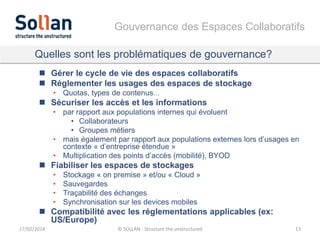 Gouvernance des Espaces Collaboratifs
Quelles sont les problématiques de gouvernance?
 Gérer le cycle de vie des espaces collaboratifs
 Réglementer les usages des espaces de stockage
• Quotas, types de contenus…

 Sécuriser les accès et les informations
• par rapport aux populations internes qui évoluent
• Collaborateurs
• Groupes métiers
• mais également par rapport aux populations externes lors d’usages en
contexte « d’entreprise étendue »
• Multiplication des points d’accès (mobilité), BYOD

 Fiabiliser les espaces de stockages
•
•
•
•

Stockage « on premise » et/ou « Cloud »
Sauvegardes
Traçabilité des échanges
Synchronisation sur les devices mobiles

 Compatibilité avec les réglementations applicables (ex:
US/Europe)
17/02/2014

© SOLLAN - Structure the unstructured

13

 