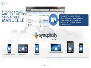 SYNCHRO & ACCÈS

AUX DOCUMENTS
SANS ACTION

Enregistrez votre fichier
dans n’importe quel dossier,
il est alors synchronisé et
devient accessible depuis
n’importe où

MANUELLE

WINDOWS PHONE

MS SURFACE

ANDROID

WINDOWS/MAC

À L’INTÉRIEUR OU À L’EXTÉRIEUR DU FIREWALL

IPAD

IPHONE

 
