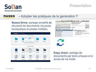 Présentation
– Adopter les pratiques de la generation Y
Nuxeo Drive: partage simplifié et
structuré de documents via poste
bureautique et postes mobiles.

Easy share: partage de
documents par liens uniques et à
durée de vie limité

17/02/2014

© SOLLAN - Structure the unstructured

24

 