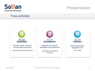 Présentation
Trois activités

Conseils, audits, expertise
fonctionnelle et technique

Intégration de solutions,
développements spécifiques

Edition de solutions
logicielles ECM

Expertise, Neutralité, Expérience

Expertise fonctionnelle et
technique

VCM - SME

17/02/2014

© SOLLAN - Structure the unstructured

5

 