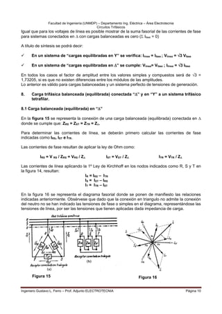 Facultad de Ingeniería (UNMDP) – Departamento Ing. Eléctrica – Área Electrotecnia
Circuitos Trifásicos
Ingeniero Gustavo L. Ferro – Prof. Adjunto ELECTROTECNIA Página 10
Igual que para los voltajes de línea es posible mostrar de la suma fasorial de las corrientes de fase
para sistemas conectados en  con cargas balanceadas es cero ( Ifase = 0)
A título de síntesis se podrá decir:
 En un sistema de “cargas equilibradas en Y” se verifica: Ilínea = Ifase ; Vlínea = 3 Vfase
 En un sistema de “cargas equilibradas en ” se cumple: Vlínea= Vfase ; Ilínea = 3 Ifase
En todos los casos el factor de amplitud entre los valores simples y compuestos será de 3 =
1,73205, si es que no existen diferencias entre los módulos de las amplitudes.
Lo anterior es válido para cargas balanceadas y un sistema perfecto de tensiones de generación.
8. Carga trifásica balanceada (equilibrada) conectada “” y en “Y” a un sistema trifásico
tetrafilar.
8.1 Carga balanceada (equilibrada) en “”
En la figura 15 se representa la conexión de una carga balanceada (equilibrada) conectada en 
donde se cumple que: ZRS = ZST = ZTR = Z.
Para determinar las corrientes de línea, se deberán primero calcular las corrientes de fase
indicadas como IRS, IST e ITR.
Las corrientes de fase resultan de aplicar la ley de Ohm como:
IRS = V RS / ZRS = VRS / Z IST = VST / Z ITR = VTR / Z
Las corrientes de línea aplicando la 1º Ley de Kirchhoff en los nodos indicados como R, S y T en
la figura 14, resultan:
En la figura 16 se representa el diagrama fasorial donde se ponen de manifiesto las relaciones
indicadas anteriormente. Obsérvese que dado que la conexión en triangulo no admite la conexión
del neutro no se han indicado las tensiones de fase o simples en el diagrama, representándose las
tensiones de línea, por ser las tensiones que tienen aplicadas dada impedancia de carga.
IR = IRS – ITR
IS = IST – IRS
IT = ITR – IST
Figura 15 Figura 16
 