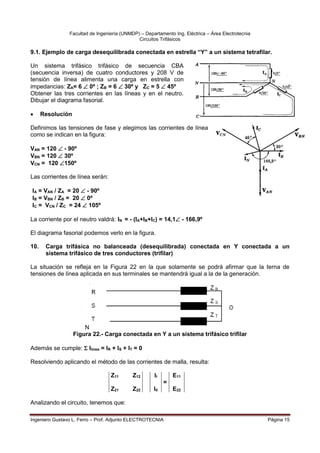 Facultad de Ingeniería (UNMDP) – Departamento Ing. Eléctrica – Área Electrotecnia
Circuitos Trifásicos
Ingeniero Gustavo L. Ferro – Prof. Adjunto ELECTROTECNIA Página 15
9.1. Ejemplo de carga desequilibrada conectada en estrella “Y” a un sistema tetrafilar.
Un sistema trifásico trifásico de secuencia CBA
(secuencia inversa) de cuatro conductores y 208 V de
tensión de línea alimenta una carga en estrella con
impedancias: ZA= 6  0º ; ZB = 6  30º y ZC = 5  45º
Obtener las tres corrientes en las líneas y en el neutro.
Dibujar el diagrama fasorial.
 Resolución
Definimos las tensiones de fase y elegimos las corrientes de línea
como se indican en la figura:
VAN = 120  - 90º
VBN = 120  30º
VCN = 120 150º
Las corrientes de línea serán:
IA = VAN / ZA = 20  - 90º
IB = VBN / ZB = 20  0º
IC = VCN / ZC = 24  105º
La corriente por el neutro valdrá: IN = - (IA+IB+IC) = 14,1 - 166,9º
El diagrama fasorial podemos verlo en la figura.
10. Carga trifásica no balanceada (desequilibrada) conectada en Y conectada a un
sistema trifásico de tres conductores (trifilar)
La situación se refleja en la Figura 22 en la que solamente se podrá afirmar que la terna de
tensiones de línea aplicada en sus terminales se mantendrá igual a la de la generación.
N
Figura 22.- Carga conectada en Y a un sistema trifásico trifilar
Además se cumple:  Ilínea = IR + IS + IT = 0
Resolviendo aplicando el método de las corrientes de malla, resulta:
Z11 Z12 II E11
=
Z21 Z22 III E22
Analizando el circuito, tenemos que:
 