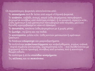 Οι περισσότερες φορεσιές αποτελούνται από:
 Το πουκάμισο πού δε λείπει από καμιά ελληνική φορεσιά.
 Το καφτάνι, καβάδι, άντερί, σαγιά (είδη φορέματος-πανωφοριού,
φτιαγμένα συνήθως από πολύτιμη στόφα), ή το γιουρντί, σιγκούνι κλπ.,
(είδη αμάνικων ή και μανικωτών πανωφοριών από σαγιάκι, μάλλινο
δηλαδή νεροτριβιασμένο υφαντό ύφασμα).
 Το φουστάνι, τσούκνα (είδη φορεμάτων με ή χωρίς μέση).
 Το ζωνάρι , τη ζώνη και την ποδιά.
 Το κοντογούνι, γιλέκι κλπ. (είδη κοντών μανικωτών ή αμάνικων
ζακέτων).
 Τα διάφορα εσώρουχα και μικροεξαρτήματα.
 Τα πολύπλοκα κεφαλοκαλύμματα και κεφαλοδέματα, κυρίως νυφικά.
- συχνά σύμβολα αποτροπής, καρπερότητας κλπ. - πού διευθετούνται με
ξεχωριστή πάντα προσοχή, συνήθως από γυναίκες πού ή κοινότητα
θεωρεί ειδικές.
 Τα πολύτιμα ή άλλα στολίδια-κοσμήματα.
 Τις κάλτσες και τα παπούτσια.
 