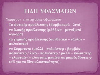 Υπάρχουν 4 κατηγορίες υφασμάτων
 Τα φυτικής προέλευσης (βαμβακερά – λινά)
 τα ζωικής προέλευσης (μάλλινα – μεταξωτά –
αγκορά)
 τα χημικής προέλευσης (συνθετικά – νάυλον –
πολυέστερ)
 τα Σύμμεικτα (μαλλί – πολυέστερ / βαμβάκι –
πολυέστερ / λινό – πολυέστερ / μαλλί – πολυέστερ
+ ελασταίν (= ελασταίν, μπαίνει σε μικρές δόσεις 5-
10% για να δίνει ελαστικότητα).
 