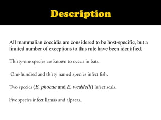 All mammalian coccidia are considered to be host-specific, but a
limited number of exceptions to this rule have been identified.
Thirty-one species are known to occur in bats.
One-hundred and thirty named species infect fish.
Two species (E. phocae and E. weddelli) infect seals.
Five species infect llamas and alpacas.

 