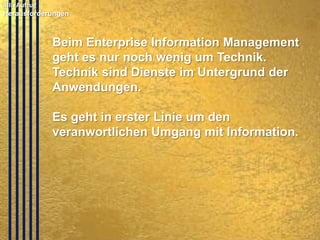 6. Ausblick: Herausforderungen
© PROJECT CONSULT Unternehmensberatung Dr. Ulrich Kampffmeyer GmbH 2011

/ Autorenrecht: <Vorname Nachname> Mrz-14 / Quelle: PROJECT CONSULT 2

Herausforderungen für Jeden:
• Neues Selbstverständnis im
Informationszeitalter
• Aufhebung der Trennung zwischen
Privat und Beruf
• Stress durch ständige Erreichbarkeit
• Suchtgefahr der neuen Medien
Copyright © PROJECT CONSULT 207 - 2013
Urheberrecht Dr. Ulrich Kampffmeyer 1991 - 2013

PROJECT CONSULT
Unternehmensberatung Dr. Ulrich Kampffmeyer GmbH

Isestraße 63
20149 Hamburg

www.PROJECT-CONSULT.com
© PROJECT CONSULT 2013

36

 