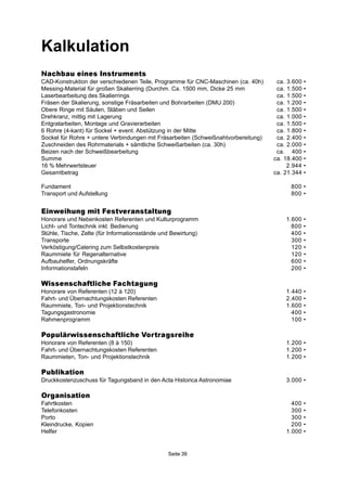 Seite 39
Kalkulation
Nachbau eines Instruments
CAD-Konstruktion der verschiedenen Teile, Programme für CNC-Maschinen (ca. 40h) ca. 3.600 •
Messing-Material für großen Skalierring (Durchm. Ca. 1500 mm, Dicke 25 mm ca. 1.500 •
Laserbearbeitung des Skalierrings ca. 1.500 •
Fräsen der Skalierung, sonstige Fräsarbeiten und Bohrarbeiten (DMU 200) ca. 1.200 •
Obere Ringe mit Säulen, Stäben und Seilen ca. 1.500 •
Drehkranz, mittig mit Lagerung ca. 1.000 •
Entgratarbeiten, Montage und Gravierarbeiten ca. 1.500 •
6 Rohre (4-kant) für Sockel + event. Abstützung in der Mitte ca. 1.800 •
Sockel für Rohre + untere Verbindungen mit Fräsarbeiten (Schweißnahtvorbereitung) ca. 2.400 •
Zuschneiden des Rohrmaterials + sämtliche Schweißarbeiten (ca. 30h) ca. 2.000 •
Beizen nach der Schweißbearbeitung ca. 400 •
Summe ca. 18.400 •
16 % Mehrwertsteuer 2.944 •
Gesamtbetrag ca. 21.344 •
Fundament 800 •
Transport und Aufstellung 800 •
Einweihung mit Festveranstaltung
Honorare und Nebenkosten Referenten und Kulturprogramm 1.600 •
Licht- und Tontechnik inkl. Bedienung 800 •
Stühle, Tische, Zelte (für Informationsstände und Bewirtung) 400 •
Transporte 300 •
Verköstigung/Catering zum Selbstkostenpreis 120 •
Raummiete für Regenalternative 120 •
Aufbauhelfer, Ordnungskräfte 600 •
Informationstafeln 200 •
Wissenschaftliche Fachtagung
Honorare von Referenten (12 à 120) 1.440 •
Fahrt- und Übernachtungskosten Referenten 2.400 •
Raummiete, Ton- und Projektionstechnik 1.600 •
Tagungsgastronomie 400 •
Rahmenprogramm 100 •
Populärwissenschaftliche Vortragsreihe
Honorare von Referenten (8 à 150) 1.200 •
Fahrt- und Übernachtungskosten Referenten 1.200 •
Raummieten, Ton- und Projektionstechnik 1.200 •
Publikation
Druckkostenzuschuss für Tagungsband in den Acta Historica Astronomiae 3.000 •
Organisation
Fahrtkosten 400 •
Telefonkosten 300 •
Porto 300 •
Kleindrucke, Kopien 200 •
Helfer 1.000 •
 