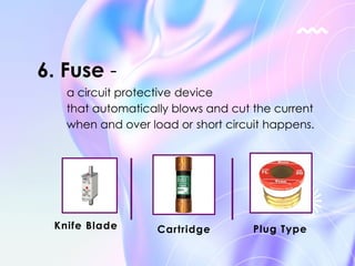 a circuit protective device
that automatically blows and cut the current
when and over load or short circuit happens.
6. Fuse -
Knife Blade Cartridge Plug Type
 