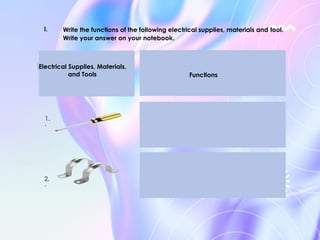 I. Write the functions of the following electrical supplies, materials and tool.
Write your answer on your notebook.
Electrical Supplies, Materials,
and Tools Functions
1.
.
2.
.
 