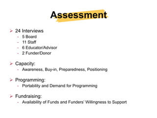 Assessment
 24 Interviews
   -   5 Board
   -   11 Staff
   -   6 Educator/Advisor
   -   2 Funder/Donor

 Capacity:
   - Awareness, Buy-in, Preparedness, Positioning

 Programming:
   - Portability and Demand for Programming

 Fundraising:
   - Availability of Funds and Funders’ Willingness to Support
 