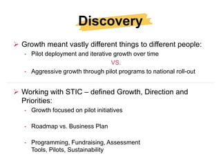 Discovery
 Growth meant vastly different things to different people:
   - Pilot deployment and iterative growth over time
                                   VS.
   - Aggressive growth through pilot programs to national roll-out


 Working with STIC – defined Growth, Direction and
  Priorities:
   - Growth focused on pilot initiatives

   - Roadmap vs. Business Plan

   - Programming, Fundraising, Assessment
     Tools, Pilots, Sustainability
 