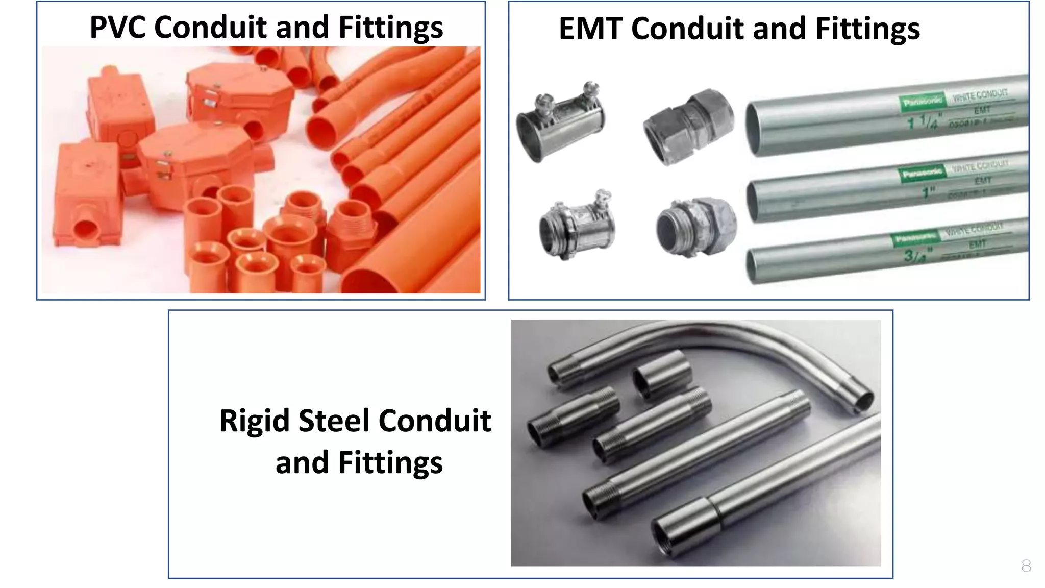 8
PVC Conduit and Fittings EMT Conduit and Fittings
Rigid Steel Conduit
and Fittings
 