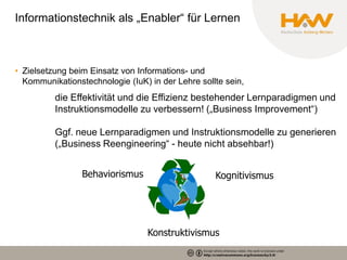 Informationstechnik als „Enabler“ für Lernen



• Zielsetzung beim Einsatz von Informations- und
  Kommunikationstechnologie (IuK) in der Lehre sollte sein,
          die Effektivität und die Effizienz bestehender Lernparadigmen und
          Instruktionsmodelle zu verbessern! („Business Improvement“)

          Ggf. neue Lernparadigmen und Instruktionsmodelle zu generieren
          („Business Reengineering“ - heute nicht absehbar!)


                 Behaviorismus                     Kognitivismus




                                  Konstruktivismus
 