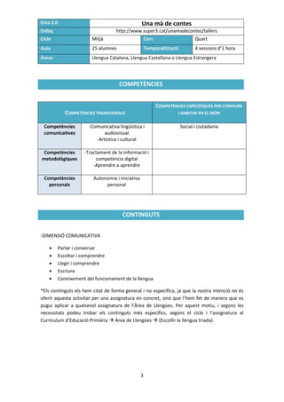 Eina 2.0                                         Una mà de contes
Enllaç                             http://www.super3.cat/unamadecontes/tallers
Cicle                   Mitjà                        Curs                     Quart
Aula                    25 alumnes                   Temporalització          4 sessions d’1 hora
Àrees                   Llengua Catalana, Llengua Castellana o Llengua Estrangera




                                     COMPETÈNCIES


                                                            COMPETÈNCIES ESPECÍFIQUES PER CONVIURE
            COMPETÈNCIES TRANSVERSALS                                I HABITAR EN EL MÓN


 Competències         -Comunicativa lingüística i                      Social i ciutadania
 comunicatives               audiovisual
                         -Artística i cultural

 Competències       -Tractament de la informació i
metodològiques           competència digital
                        -Aprendre a aprendre

 Competències           Autonomia i iniciativa
   personals                 personal




                                      CONTINGUTS


-DIMENSIÓ COMUNICATIVA

        Parlar i conversar
        Escoltar i comprendre
        Llegir i comprendre
        Escriure
        Coneixement del funcionament de la llengua

*Els continguts els hem citat de forma general i no específica, ja que la nostra intenció no és
oferir aquesta activitat per una assignatura en concret, sinó que l’hem fet de manera que es
pugui aplicar a qualsevol assignatura de l’Àrea de Llengües. Per aquest motiu, i segons les
necessitats podeu trobar els continguts més específics, segons el cicle i l’assignatura al
Currículum d’Educació Primària  Àrea de Llengües  (Escollir la llengua triada).




                                                 3
 