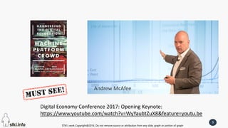 STKI’s work Copyright@2016. Do not remove source or attribution from any slide, graph or portion of graph
9
STKI’s work Copyright@2016. Do not remove source or attribution from any slide, graph or portion of graph
Andrew McAfee
Digital Economy Conference 2017: Opening Keynote:
https://www.youtube.com/watch?v=WyYaubtZuX8&feature=youtu.be
 