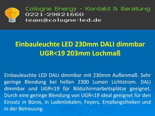Einbauleuchte LED 230mm DALI dimmbar
UGR<19 203mm Lochmaß
Einbauleuchte LED DALI dimmbar mit 230mm Außenmaß. Sehr
geringe Blendung bei hellen 2300 Lumen Lichtstrom. DALI
dimmbar und UGR<19 für Bildschirmarbeitsplätze geeignet.
Durch eine geringe Blendung von UGR<19 ideal geeignet für den
Einsatz in Büros, in Ladenlokalen, Foyers, Empfangstheken und
in der Betreuung.
 