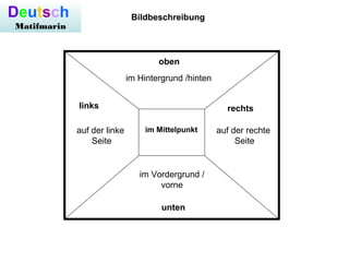 Deutsch
Matifmarin
Bildbeschreibung
oben
im Hintergrund /hinten
rechts
auf der rechte
Seite
links
auf der linke
Seite
im Mittelpunkt
unten
im Vordergrund /
vorne
 