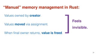 24
“Manual” memory management in Rust:
Values owned by creator.
Values moved via assignment.
When ﬁnal owner returns, value is freed.
Feels
invisible.]
 
