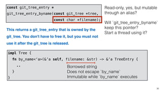 impl Tree {
fn by_name<‘a>(&’a self, filename: &str) -> &’a TreeEntry {
..
}
}
36
const git_tree_entry *
git_tree_entry_byname(const git_tree *tree,
const char *filename);
This returns a git_tree_entry that is owned by the
git_tree. You don't have to free it, but you must not
use it after the git_tree is released.
Borrowed string
Does not escape `by_name`
Immutable while `by_name` executes
Read-only, yes, but mutable
through an alias?
Will `git_tree_entry_byname`
keep this pointer?
Start a thread using it?
 
