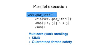 Parallel execution
vec1.par_iter()
.zip(vec2.par_iter())
.map(|(i, j)| i * j)
.sum()
Multicore (work stealing)
+ SIMD
+ Guaranteed thread safety
 