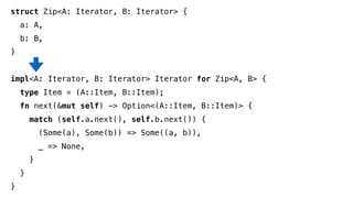 struct Zip<A: Iterator, B: Iterator> {
a: A,
b: B,
}
impl<A: Iterator, B: Iterator> Iterator for Zip<A, B> {
type Item = (A::Item, B::Item);
fn next(&mut self) -> Option<(A::Item, B::Item)> {
match (self.a.next(), self.b.next()) {
(Some(a), Some(b)) => Some((a, b)),
_ => None,
}
}
}
 