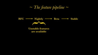 RFC Nightly Beta Stable
Unstable features
are available
{
~ The feature pipeline ~
 