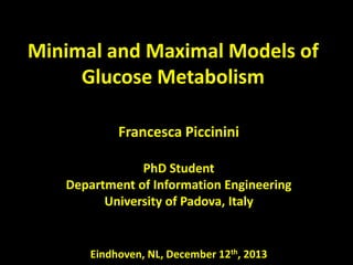 Minimal and Maximal Models of
Glucose Metabolism
Francesca Piccinini
PhD Student
Department of Information Engineering
University of Padova, Italy

Eindhoven, NL, December 12th, 2013

 