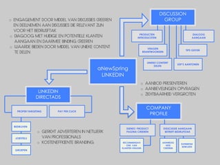 !
                                                                                         DISCUSSION
    o ENGAGEMENT DOOR MIDDEL VAN DISCUSSIES CREEREN                                        GROUP                        !
      EN DEELNEMEN AAN DISCUSSIES DIE RELEVANT ZIJN
      VOOR HET BEDRIJSFTAK
                                                                           PRODUCTEN                                 DIALOOG
    o DIAGOOG MET HUIDIGE EN POTENTIELE KLANTEN                          INTRODUCETEN                                AANGAAN
      AANGAAN EN DAARMEE BINDING CREEREN
    o WAARDE BIEDEN DOOR MIDDEL VAN UNIEKE CONTENT                                VRAGEN
                                                                                                              TIPS GEVEN
      TE DELEN                                                                 BEANTWOORDEN



        !                                                                        UNIEKE CONTENT
                                                                                                       USP’S AANTONEN
                                                                                      DELEN
!                                                     aNewSpring
                                                       LINKEDIN
                                                                           o AANBOD PRESENTEREN
                                                                           o AANBEVELINGEN OPVRAGEN
                          LINKEDIN
                                                                           o ZICHTBAARHEID VERGROTEN
                         DIRECTADS

                                                                                 COMPANY
             PROPER TARGETING      PAY PER CLICK
                                                                                  PROFILE

        BEDRIJVEN
                                                                 DIENST/ PRODUCT              DISSCUSSIE AANGAAN
                          o GERICHT ADVERTEREN IN NETWERK        PAGINA CREEREN                BETREFT BEDRIJFSTAK

            JOBTITELS       VAN PROFESSIONALS
                          o KOSTENEFFICIENTE BRANDING          RECOMMENDATI                AANWEZIG
                                                                                                          EXPRERTISE
                                                                  ONS VAN                    HEID
                                                                                                           BEWIJZEN
                                                              KLANTEN VRAGEN                CREEREN
    !       GROEPEN
 