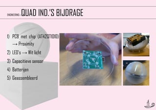 QUAD IND.’S BIJDRAGE

ENGINEERING—

1) PCB met chip (AT42QT1010)
→ Proximity
2) LED’s → Wit licht
3) Capacitieve sensor
4) Batterijen
5) Geassembleerd

8

 