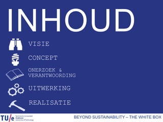 BEYOND SUSTAINABILITY – THE WHITE BOX
VISIE
CONCEPT
ONERZOEK &
VERANTWOORDING
UITWERKING
REALISATIE
INHOUD
 