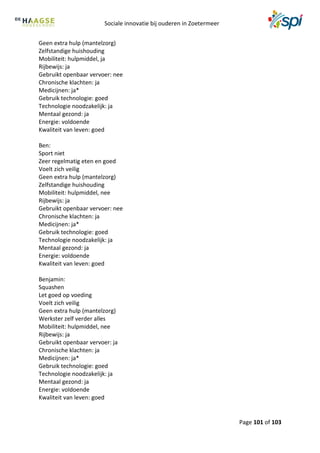 Sociale innovatie bij ouderen in Zoetermeer
Page 101 of 103
Geen extra hulp (mantelzorg)
Zelfstandige huishouding
Mobiliteit: hulpmiddel, ja
Rijbewijs: ja
Gebruikt openbaar vervoer: nee
Chronische klachten: ja
Medicijnen: ja*
Gebruik technologie: goed
Technologie noodzakelijk: ja
Mentaal gezond: ja
Energie: voldoende
Kwaliteit van leven: goed
Ben:
Sport niet
Zeer regelmatig eten en goed
Voelt zich veilig
Geen extra hulp (mantelzorg)
Zelfstandige huishouding
Mobiliteit: hulpmiddel, nee
Rijbewijs: ja
Gebruikt openbaar vervoer: nee
Chronische klachten: ja
Medicijnen: ja*
Gebruik technologie: goed
Technologie noodzakelijk: ja
Mentaal gezond: ja
Energie: voldoende
Kwaliteit van leven: goed
Benjamin:
Squashen
Let goed op voeding
Voelt zich veilig
Geen extra hulp (mantelzorg)
Werkster zelf verder alles
Mobiliteit: hulpmiddel, nee
Rijbewijs: ja
Gebruikt openbaar vervoer: ja
Chronische klachten: ja
Medicijnen: ja*
Gebruik technologie: goed
Technologie noodzakelijk: ja
Mentaal gezond: ja
Energie: voldoende
Kwaliteit van leven: goed
 