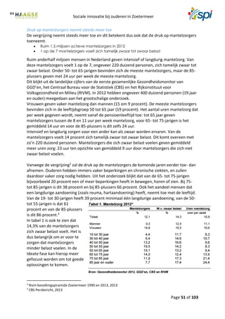 Sociale innovatie bij ouderen in Zoetermeer
Page 51 of 103
Druk op mantelzorgers neemt steeds meer toe
De vergrijzing neemt steeds meer toe en dit betekent dus ook dat de druk op mantelzorgers
toeneemt.
 Ruim 1,5 miljoen actieve mantelzorgers in 2012
 1 op de 7 mantelzorgers voelt zich tamelijk zwaar tot zwaar belast
Ruim anderhalf miljoen mensen in Nederland geven intensief of langdurig mantelzorg. Van
deze mantelzorgers voelt 1 op de 7, ongeveer 220 duizend personen, zich tamelijk zwaar tot
zwaar belast. Onder 50- tot 65-jarigen bevinden zich de meeste mantelzorgers, maar de 85-
plussers geven met 24 uur per week de meeste mantelzorg.
Dit blijkt uit de landelijke cijfers van de eerste gezamenlijke Gezondheidsmonitor van
GGD’en, het Centraal Bureau voor de Statistiek (CBS) en het Rijksinstituut voor
Volksgezondheid en Milieu (RIVM). In 2012 hebben ongeveer 400 duizend personen (19 jaar
en ouder) meegedaan aan het grootschalige onderzoek.
Vrouwen geven vaker mantelzorg dan mannen (15 om 9 procent). De meeste mantelzorgers
bevinden zich in de leeftijdsgroep 50 tot 65 jaar (19 procent). Het aantal uren mantelzorg dat
per week gegeven wordt, neemt vanaf de pensioenleeftijd toe: tot 65 jaar geven
mantelzorgers tussen de 8 en 11 uur per week mantelzorg, voor 65- tot 75-jarigen is het
gemiddeld 14 uur en voor de 85-plussers is dit zelfs 24 uur.
Intensief en langdurig zorgen voor een ander kan als zwaar worden ervaren. Van de
mantelzorgers voelt 14 procent zich tamelijk zwaar tot zwaar belast. Dit komt overeen met
zo’n 220 duizend personen. Mantelzorgers die zich zwaar belast voelen geven gemiddeld
meer uren zorg: 23 uur ten opzichte van gemiddeld 9 uur door mantelzorgers die zich niet
zwaar belast voelen.
Vanwege de vergrijzing2 zal de druk op de mantelzorgers de komende jaren eerder toe- dan
afnemen. Ouderen hebben immers vaker beperkingen en chronische ziekten, en zullen
daardoor vaker zorg nodig hebben. Uit het onderzoek blijkt dat van de 65- tot 75-jarigen
bijvoorbeeld 20 procent een of meer beperkingen heeft in bewegen, horen of zien. Bij 75-
tot 85-jarigen is dit 38 procent en bij 85-plussers 66 procent. Ook het aandeel mensen dat
een langdurige aandoening (zoals reuma, hartaandoening) heeft, neemt toe met de leeftijd.
Van de 19- tot 30-jarigen heeft 39 procent minimaal één langdurige aandoening, van de 50-
tot 55-jarigen is dat 61
procent en van de 85-plussers
is dit 86 procent.3
In tabel 1 is ook te zien dat
14,3% van de mantelzorgers
zich zwaar belast voelt. Het is
dus belangrijk om er voor te
zorgen dat mantelzorgers
minder belast voelen. In de
Ideate fase kan hierop meer
gefocust worden om tot goede
oplossingen te komen.
2
Rivm bevolkingspiramide Zoetermeer 1990 en 2013, 2013
3
CBS Persbericht, 2013
 