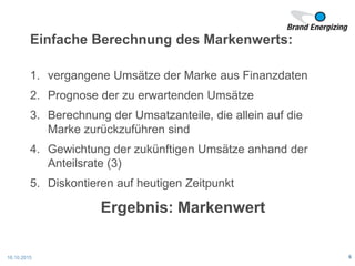 Einfache Berechnung des Markenwerts:
1. vergangene Umsätze der Marke aus Finanzdaten
2. Prognose der zu erwartenden Umsätze
3. Berechnung der Umsatzanteile, die allein auf die
Marke zurückzuführen sind
4. Gewichtung der zukünftigen Umsätze anhand der
Anteilsrate (3)
5. Diskontieren auf heutigen Zeitpunkt
Ergebnis: Markenwert
16.10.2015 6
 