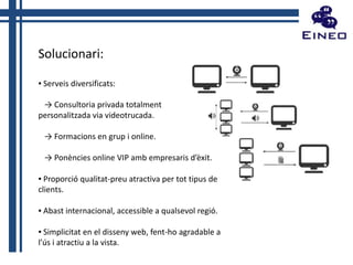 Solucionari:
▪ Serveis diversificats:
→ Consultoria privada totalment
personalitzada via videotrucada.

→ Formacions en grup i online.
→ Ponències online VIP amb empresaris d’èxit.
▪ Proporció qualitat-preu atractiva per tot tipus de
clients.
▪ Abast internacional, accessible a qualsevol regió.
▪ Simplicitat en el disseny web, fent-ho agradable a
l’ús i atractiu a la vista.

 