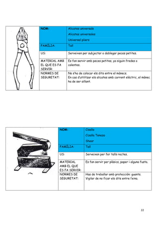 22
NOM: Alicates universals
Alicates universales
Universal pliers
FAMÍLIA: Tall
US: Serveixen per subjectar o doblegar peces petites.
MATERIAL AMB
EL QUE ES FA
SERVIR:
Es fan servir amb peces petites, ya siguin fredes o
calentes.
NORMES DE
SEGURETAT:
No s’ha de colocar els dits entre el mànecs.
En cas d’utilitzar els alicates amb corrent elèctric, el mànec
ha de ser aïllant.
NOM: Cisalla
Cizalla Tenaza
Shear
FAMÍLIA: Tall
US: Serveixen per fer talls rectes.
MATERIAL
AMB EL QUE
ES FA SERVIR:
Es fan servir per plàsics, paper i alguna fusta.
NORMES DE
SEGURETAT:
Has de treballar amb protección: guants.
Vigilar de no ficar els dits entre l’eina.
 