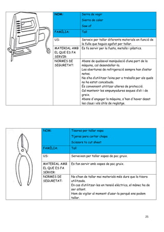 25
NOM: Serra de vogir
Sierra de calar
Saw of
FAMÍLIA: Tall
US: Serveix per tallar diferents materials en funció de
la fulla que haguis agafat per tallar.
MATERIAL AMB
EL QUE ES FA
SERVIR:
Es fa servir per la fusta, metalls i plàstics.
NORMES DE
SEGURETAT:
Abans de qualsevol manipulació d’una part de la
màquina, cal desendollar-la.
Les obertures de refrigeració sempre han d’estar
netes.
No s’ha d’utilitzar l’eina per a treballs per als quals
no ha estat concebuda.
És convenient utilitzar ulleres de protecció.
Cal mantenir les empunyadures seques d’oli i de
greix.
Abans d'engegar la màquina, s'han d'haver desat
les claus i els útils de reglatge.
NOM: Tisores per tallar xapa
Tijeras para cortar chapa
Scissors to cut sheet
FAMÍLIA: Tall
US: Serveixen per tallar xapes de poc gruix.
MATERIAL AMB
EL QUE ES FA
SERVIR:
Es fan servir amb xapes de poc gruix.
NORMES DE
SEGURETAT:
No s’han de tallar mai materials més durs que la tisora
utilitzada.
En cas d’utilitzar-les en tensió elèctrica, el mànec ha de
ser aïllant.
Hem de vigilar al moment d’usar-la perquè ens podem
tallar.
 