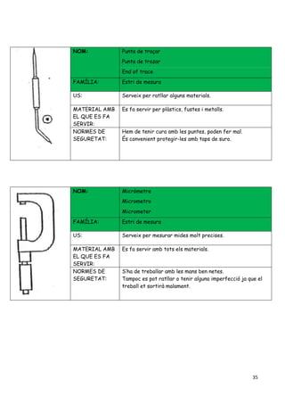 35
NOM: Punta de traçar
Punta de trazar
End of trace
FAMÍLIA: Estri de mesura
US: Serveix per ratllar alguns materials.
MATERIAL AMB
EL QUE ES FA
SERVIR:
Es fa servir per plàstics, fustes i metalls.
NORMES DE
SEGURETAT:
Hem de tenir cura amb les puntes, poden fer mal.
És convenient protegir-les amb taps de suro.
NOM: Micròmetre
Micrometro
Micrometer
FAMÍLIA: Estri de mesura
US: Serveix per mesurar mides molt precises.
MATERIAL AMB
EL QUE ES FA
SERVIR:
Es fa servir amb tots els materials.
NORMES DE
SEGURETAT:
S’ha de treballar amb les mans ben netes.
Tampoc es pot ratllar o tenir alguna imperfecció ja que el
treball et sortirà malament.
 